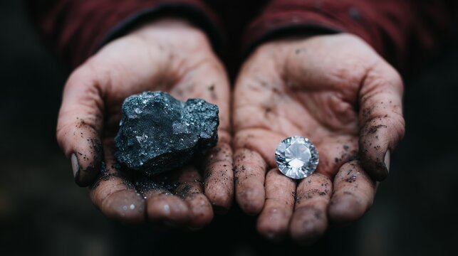 Hands holding a rough coal and a polished diamond, symbolizing transformation from raw to refined state, wealth, and value.