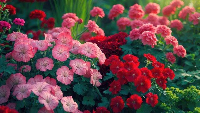 Ivy-leaf geranium (Geranium Peltatum) with lilac and red flowers.