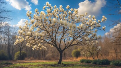Fototapeta premium Blooming magnolia tree with white flowers against a blue sky in a spring park. Lush branches adorned with delicate blooms. The natural beauty of seasonal flowering.