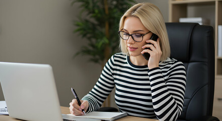 Confident businesswoman making phone calls and taking notes in her office