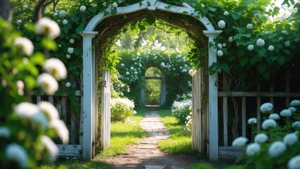 Fototapeta premium Ivy-covered garden gate and arched arbor, captured with polarized filter and selective focus.