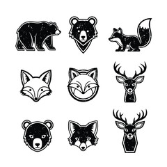Obraz premium Nine distressed black and white forest animal icons