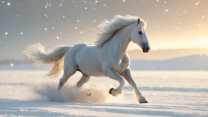 Fototapeta premium Running white horse across snowy landscape