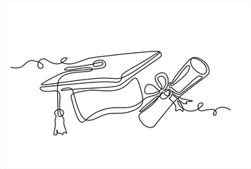 Continuous cap one line art drawing of graduation hat with diploma with ribbon concept outline vector. Hand drawn one line vector. Editable stroke