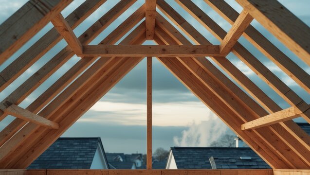 Gable and wooden roof trusses installed on a timber frame house during construction.