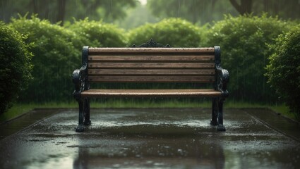 Garden Bench On Jakarta Walkway After The Rain becomes Garden Bench on Jakarta Pathway Following the Rain.