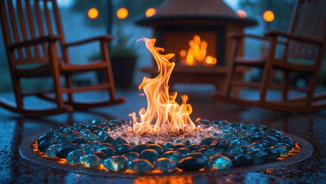 Gas flames dance in an outdoor fire pit lined with glass pebbles. Rocking chairs around an outside fireplace wet from rain.