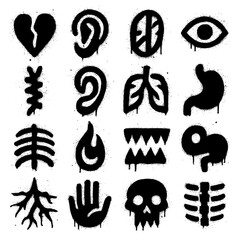 Spray Paint Human Organ Icons – Abstract Body Parts with Blood Splatter and Dripping Effect (Transparent PNG)
