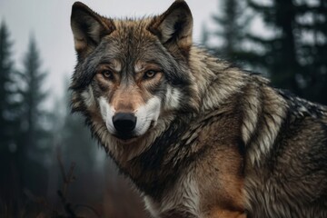 Obraz premium A wolf with expressive amber eyes gazes forward in its natural forest habitat