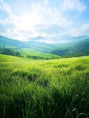 Fototapeta premium Photo of a lush green field at sunrise, symbolizing tranquility, nature’s beauty, and the start of a new day