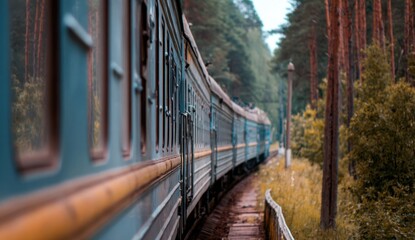 An eyelevel view shows a train traveling along a curved track through a forest