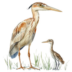 A Mother Bittern With Her Kid, watercolor illustration vector, isolated on a white background.