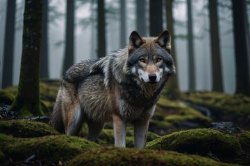 Obraz premium Timber Wolf Standing Alert in a Temperate Forest Amidst the Fog