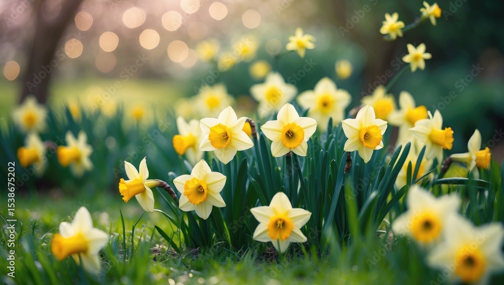 Poster daffodils and daffodils in stunning natural scenery with bokeh effect in the background.