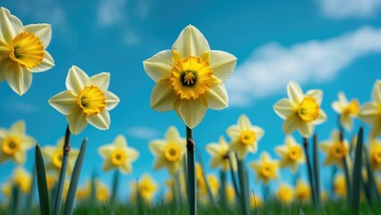 Fototapeta premium Daffodils spring flowers with blue sky, yellow blossom in springtime.