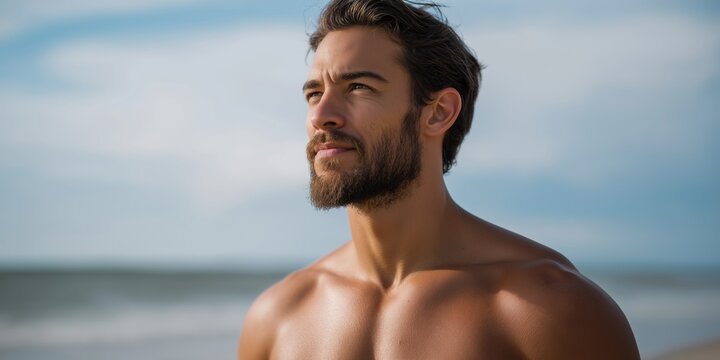 Young caucasian male with beard enjoying sunny beach day