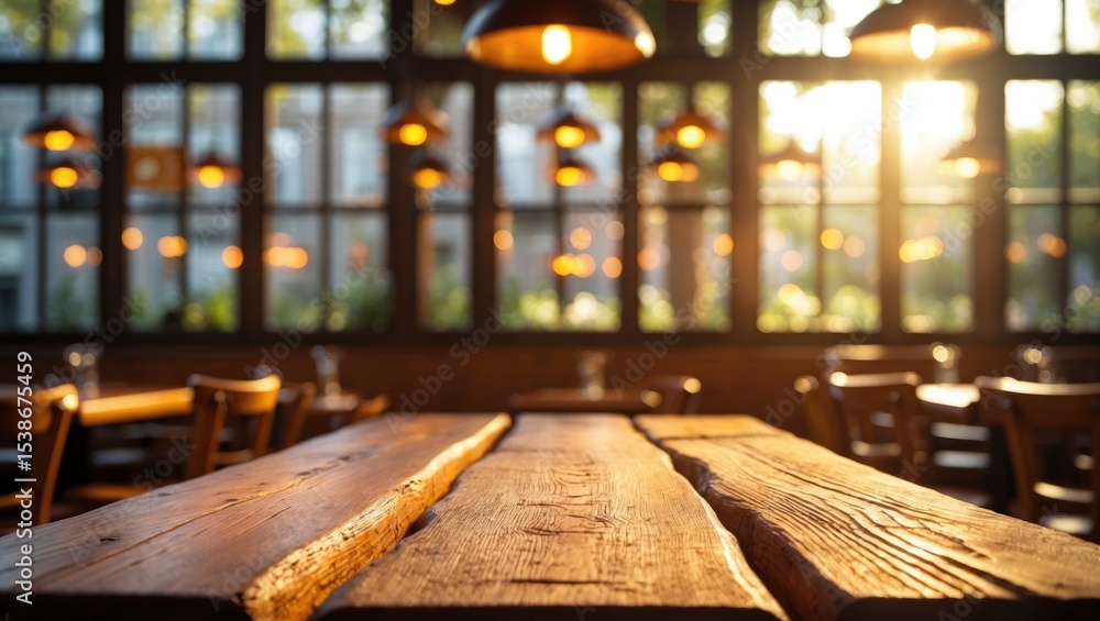Poster dark blurred background featuring an empty table and cafe restaurant windows, serving as a backdrop 