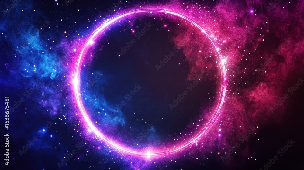 Poster modern circular neon frame adorned with sparkling stars against an abstract background