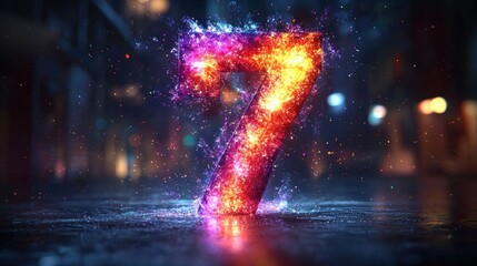Digit "7" ablaze, fiery digital display in city night