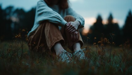 A thoughtful woman sits in a field during dusk, surrounded by nature, evoking a sense of peace and reflection.