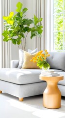 Sunlit living room sectional, yellow tulips, side table, window view