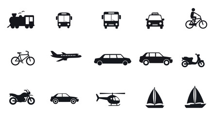 Transportation icons set featuring train, bus, taxi, bicycle, airplane, car, motorcycle, helicopter, and sailboat for design use vector illustration