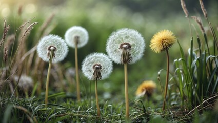 Dandelion puffballs at the start of summer, softly moving in the breeze