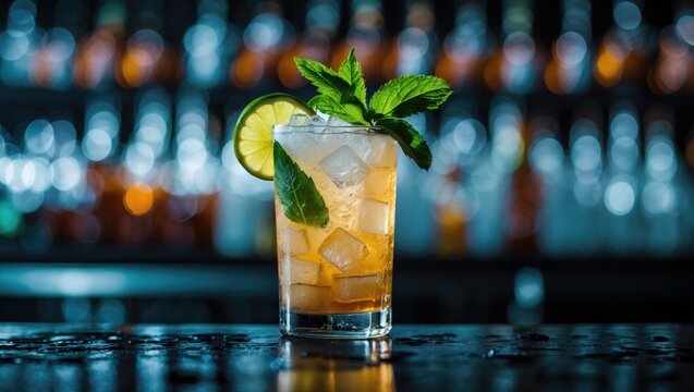 Dark and Stormy cocktail drink with dark rum, ginger ale, lime, and ice featuring bottles against a black bar counter background