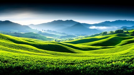 Obraz premium Sunrise over rolling green tea hills, misty mountains