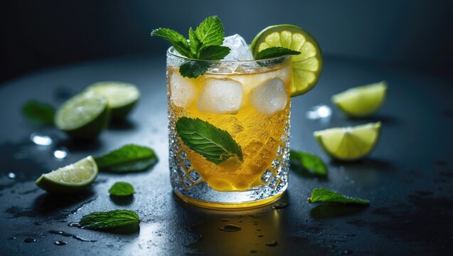 Dark and stormy alcoholic cocktail long drink featuring dark rum, ginger ale, lime, mint, and ice on a black bar counter background