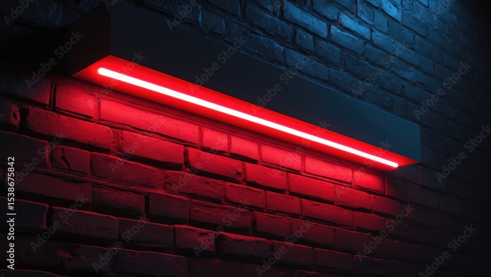 Poster dark brick block wall background, illuminated by red neon light within a rectangle frame.