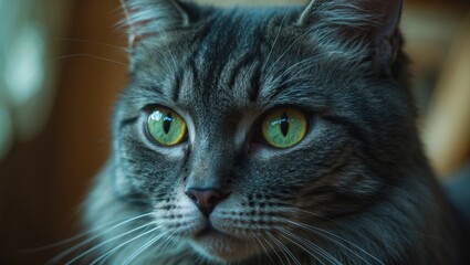 Dark gray cat with yellow eyes gazes directly into the camera set against a blue sky.