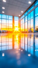 Sunset illuminating modern building lobby floor