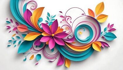 Obraz premium Bright 3D paper art floral design with vibrant teal, orange, pink, and yellow flowers on white background. Ideal for spring themes, greeting cards, or decorative artwork.