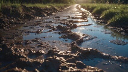 Damaged roads that are wet and muddy, showing signs of deterioration and difficult driving conditions