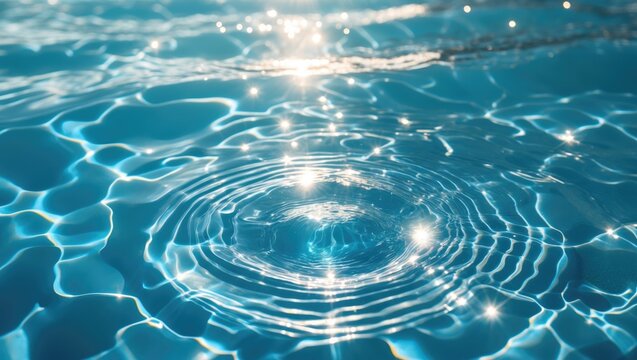 Dark blue pool water featuring shimmering sunlight patterns