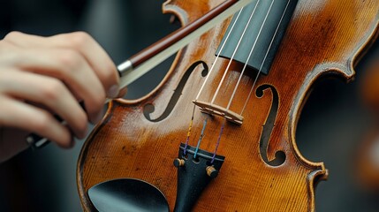 Fototapeta premium Close-up of a person playing a violin. A hand holds the violin and bow