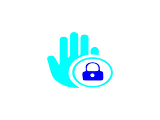 The image illustrates a data protection icon combining a hand symbol and a padlock. The cyan-colored hand represents access control, security clearance, or protection.