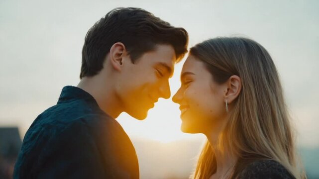 A young Caucasian couple with dimples smiles at each other during sunset. They are close together, sharing a joyful moment on Dimples Day..