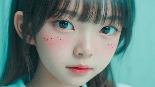 A young Asian girl with long black hair and light skin. She has prominent dimples and subtle freckles on her cheeks, celebrating Dimples Day with a soft expression..