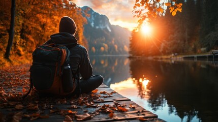 Person sitting by a lake during autumn sunset, surrounded by colorful fall leaves and peaceful nature scenery.
