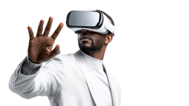 Virtual reality experience with a man interacting in a sleek outfit