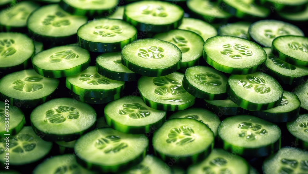 Poster cucumber slices pattern. array of round cucumber cuts texture. green vegetable background. cucumber 