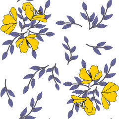 Seamless pattern with autumn leaves and macro yellow flowers  flox on white background. Could be used as wallpaper, print, texture, fabric, card.