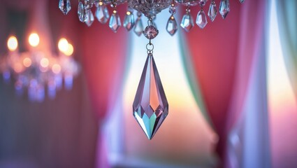 Crystal chandelier in the light, obscuring the interior details. Window decor featuring curtain.