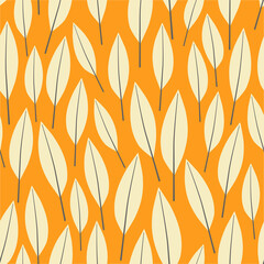 Seamless pattern with yellow  leaves on orange background. Summer or autumn wallpaper, texture, print, card.