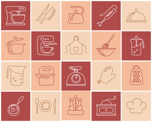Vector set of kitchen icons  great for illustrations, infographics,menu decoration and logos of stores or other businesses. Dishes, kitchen appliances,food-related items, cooking.