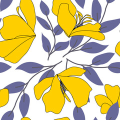 Seamless pattern with autumn leaves and macro yellow flowers  flox on white background. Could be used as wallpaper, print, texture, fabric, card.