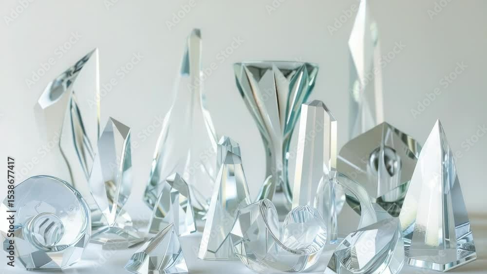 Poster a collection of crystal vases on a table, suitable for use in advertisements, product displays, and 