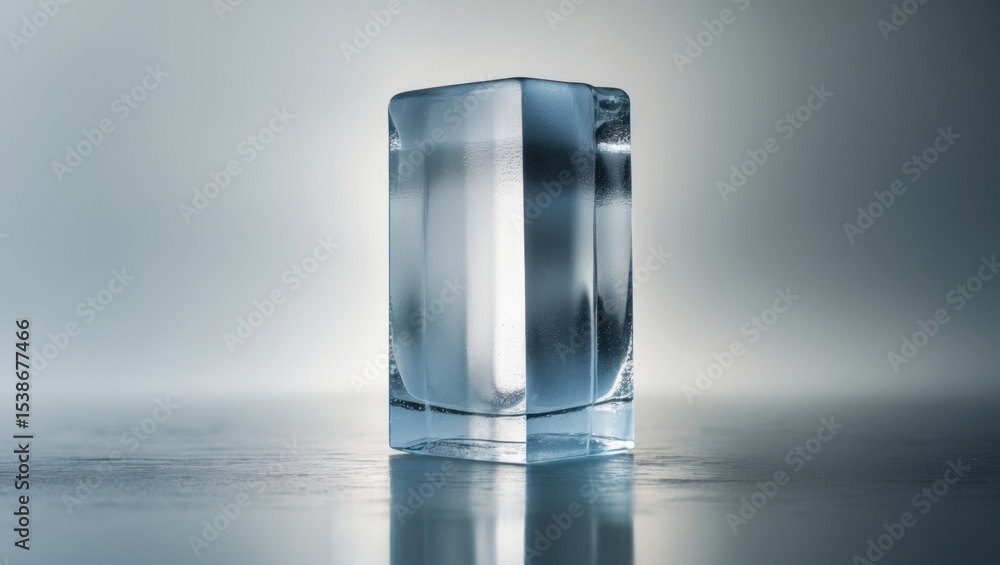 Poster crystal clear, pure ice block resting on a surface with reflection. rectangular piece of ice.